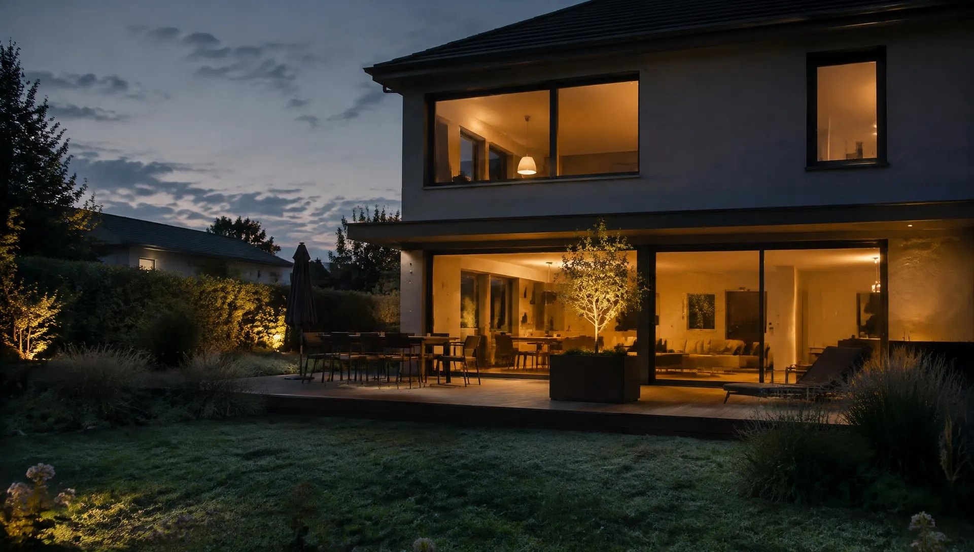 Woning bij avond met verlichte ramen